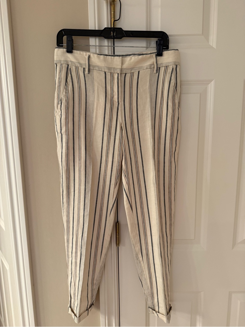 Ann Taylor Cream Pants with Black Vertical Stripes